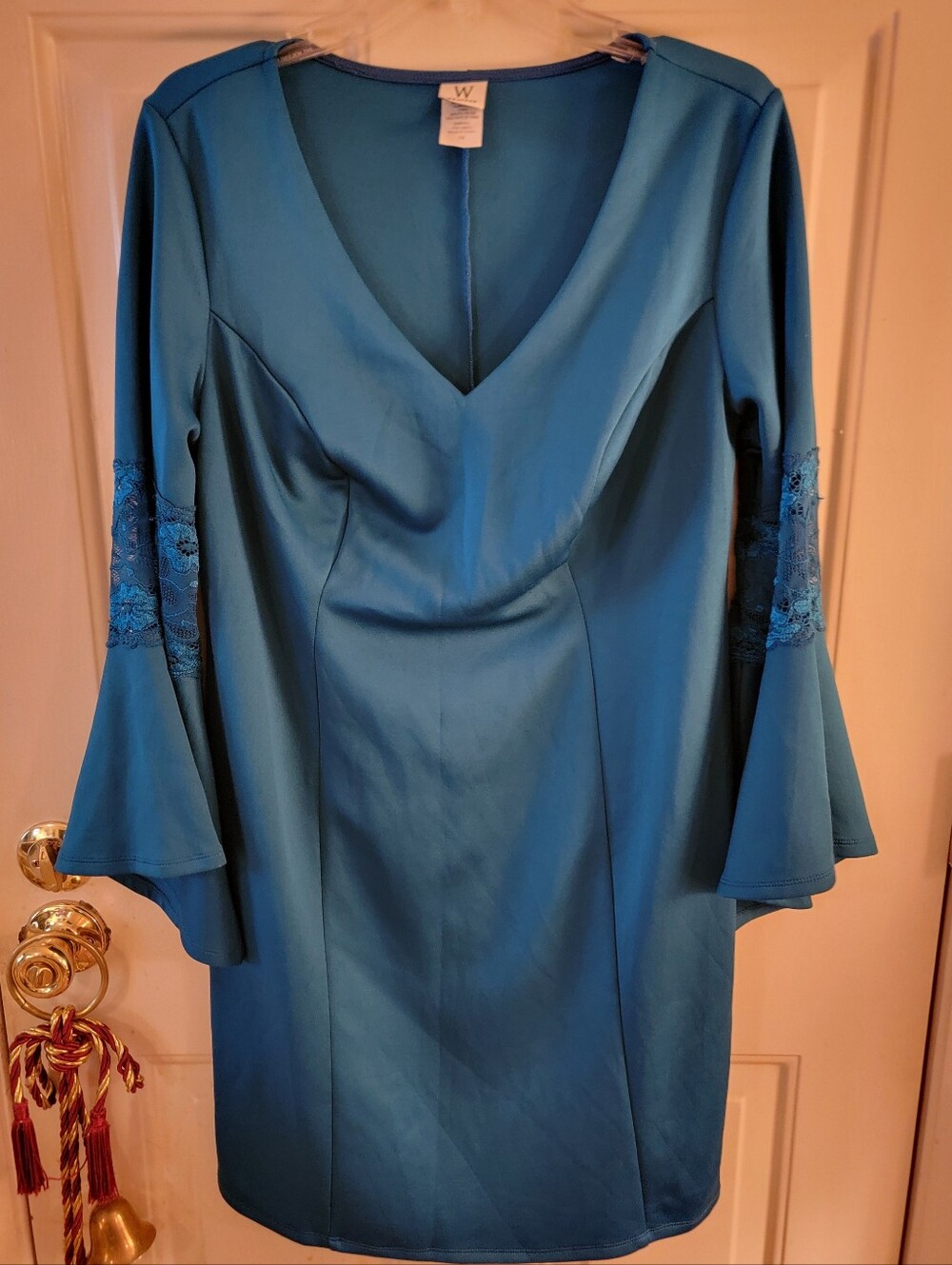 W by Worth Blue Teal V-Neck Bell Sleeve Dress